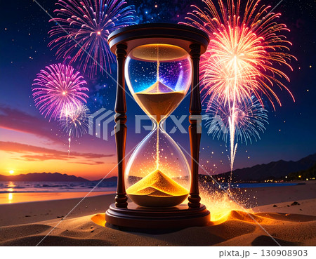 a large hourglass placed on a sandy beach with a vibrant fireworks display illuminating 130908903