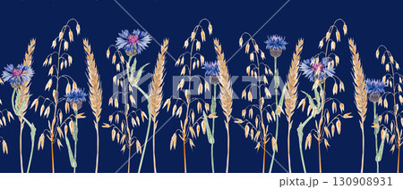 Blue cornflowers and golden wheat and oat ears. Seamless watercolor border. Rustic wildflower design, perfect for country style wedding invitations, fabric patterns, eco packaging, and summer decor 130908931