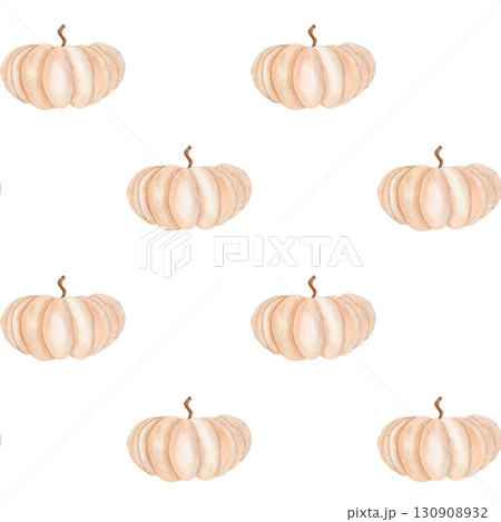 Beige pumpkin watercolor seamless pattern isolated on white background. Hand-painted autumn harvest illustration, perfect for Thanksgiving, Halloween, seasonal decor, stationary, and digital designs 130908932