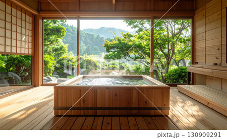 日本の檜風呂と森林の温泉スパ｜朝日差し込む旅館の内湯で湯気漂う癒しのリラクゼーション空間 130909291