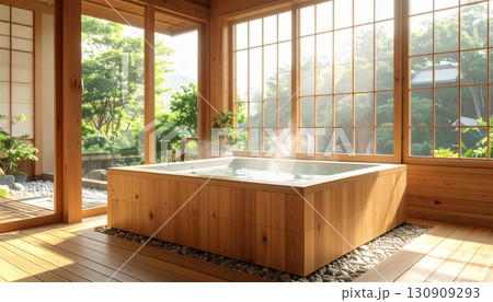 日本の檜風呂と森林の温泉スパ｜朝日差し込む旅館の内湯で湯気漂う癒しのリラクゼーション空間 130909293