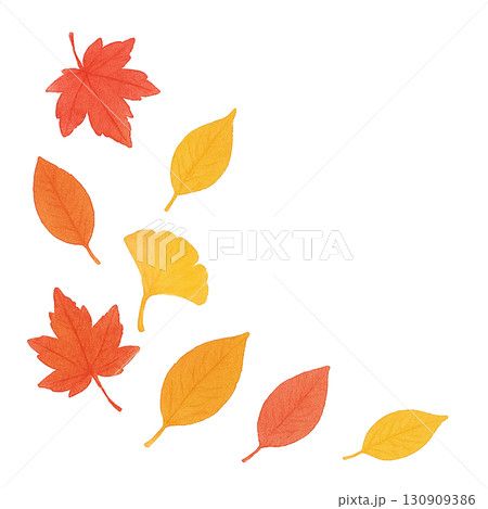 秋の落ち葉セット　紅葉・イチョウ・枯れ葉　PNG切り抜き素材 130909386