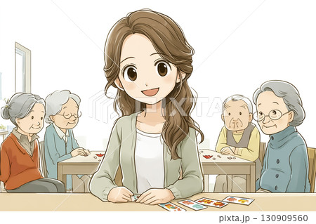 美優シリーズ：介護施設で高齢者と並んで折り紙をする美優 130909560