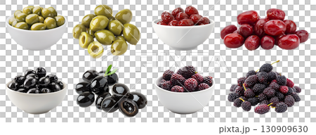 Collection of 4 vegetable fruit in pile bowl, green black olive, Jujube Xinjiang Chinese red dates, Mulberry mulberries Morus wild berry on transparent cutout PNG. Mockup template for artwork 130909630