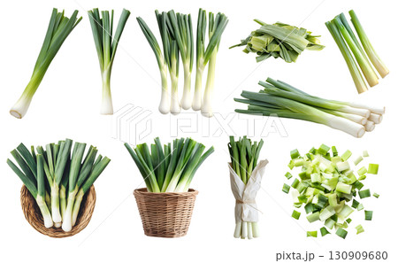 Leek, Scallion, spring onion vegetable plant stem stalk, many angles view side top front basket slice chop bundled isolated on transparent cutout, PNG file. Mockup template for artwork 130909680