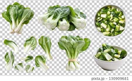 Bok choy, pak choi, pok choi, chinese cabbage, vegetable greens plant leaves, many angles view side top front bowl chop bundled isolated on transparent cutout, PNG file. Mockup template for design 130909681