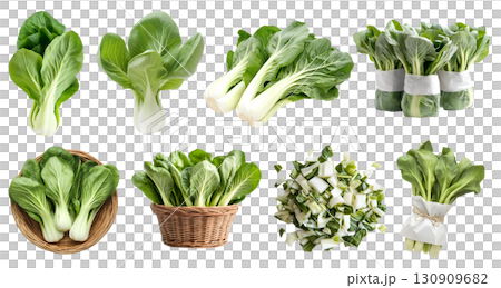 Bok choy, pak choi, pok choi, chinese cabbage, vegetable greens plant leaves, many angles view side top front basket chop bundled isolated on transparent cutout, PNG file. Mockup template for design 130909682