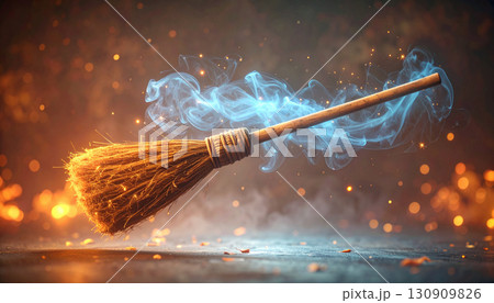 Floating Witch Broomstick with Glowing Blue Aura. Hallowen Concept. Generated Image 130909826