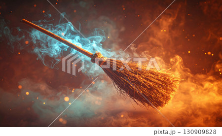 Floating Witch Broomstick with Glowing Blue Aura. Hallowen Concept. Generated Image 130909828