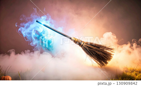 Floating Witch Broomstick with Glowing Blue Aura. Hallowen Concept. Generated Image 130909842