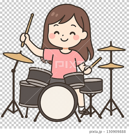 ゆる系イラスト　ドラムを叩いてる女の子 130909888