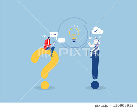 businessman and robot ask and answer questions Artificial Intelligence,Question and answer, Q&A session, FAQ, frequently asked questions, discussion to get solution 130909912