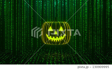 Floating Glowing Jack O Lantern in Foggy Forest. Hallowen Concept. Generated Image 130909995