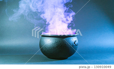 Matte Black Cauldron with Neon Purple Smoke. Hallowen Concept. Generated Image 130910049
