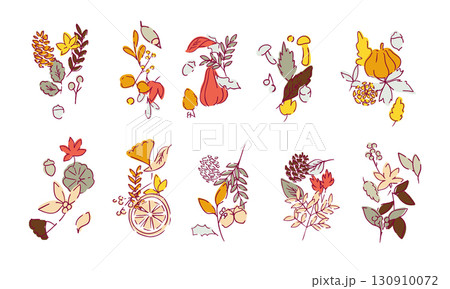 秋の落ち葉と木の実のベクターイラスト。葉っぱの秋植物イラスト。秋の線画背景。 130910072