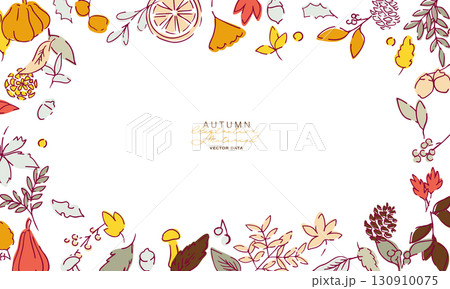 秋の落ち葉と木の実のベクターイラスト。葉っぱの秋植物イラスト。秋の線画背景。 秋の落ち葉と木の実のベクターイラスト。葉っぱの秋植物イラスト。秋の線画背景。 130910075