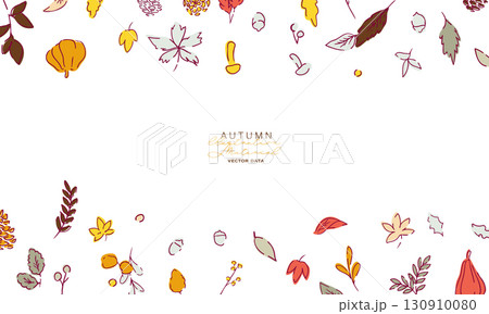 秋の落ち葉と木の実のベクターイラスト。葉っぱの秋植物イラスト。秋の線画背景。 130910080