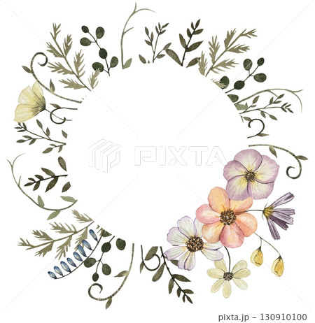 Round frame with watercolor pressed dried flowers and dark leaves. Isolated on white background 130910100