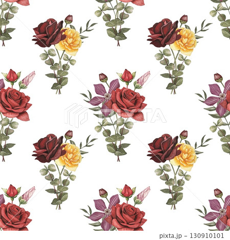 Floral seamless pattern with autumn flowers. Red, burgundy, yellow roses, clementis, leaves. Hand drawn watercolor illustration 130910101