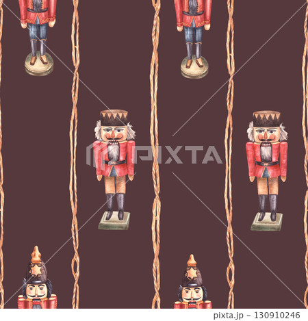 Nutcracker seamless pattern, wooden toy soldier. Watercolor vintage tradition Christmas tree decoration hand drawn illustration. Striped ornament for wallpaper, packing paper. Isolated dark background Nutcracker seamless pattern, wooden toy soldier. Watercolor vintage tradition Christmas tree decoration hand drawn illustration. Striped ornament for wallpaper, packing paper. Isolated dark background 130910246