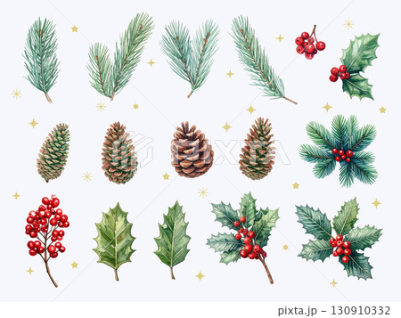 水彩で描いた優しい雰囲気のクリスマス素材セット 水彩で描いた優しい雰囲気のクリスマス素材セット 130910332