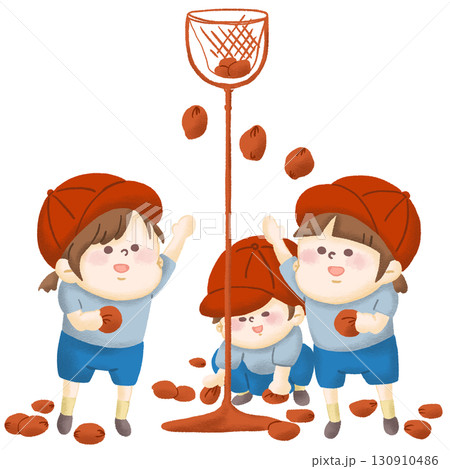 赤組の子どもたちが運動会で楽しそうに玉入れ競争をしているイラスト 赤組の子どもたちが運動会で楽しそうに玉入れ競争をしているイラスト 130910486