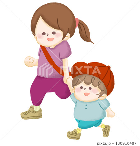 運動会の親子リレーでお家の人と手を繋いで走る子どものイラスト 運動会の親子リレーでお家の人と手を繋いで走る子どものイラスト 130910487