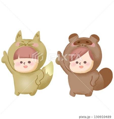 お遊戯会でキツネ役の子どもとタヌキ役の子どもが踊っているイラスト 130910489