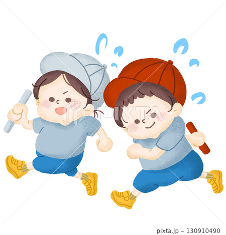 赤組の子どもと白組の子どもが運動会のリレーで頑張って走っているイラスト 130910490