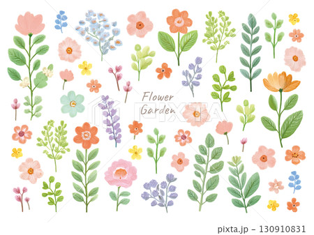 水彩風のカラフルな花と葉のイラスト素材セット 130910831