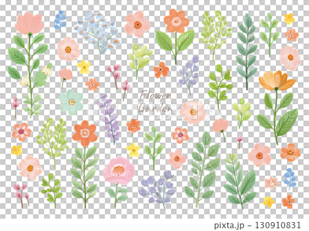 水彩風のカラフルな花と葉のイラスト素材セット 130910831