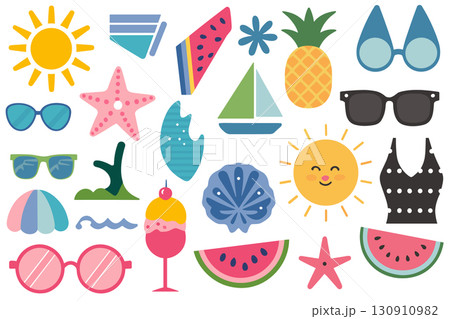 Summer Vacation vector Icons Collection beach sunglasses. Colorful Summer Beach Vacation Elements surfboard bikini.. Summer Vacation vector Icons Collection beach sunglasses. Colorful Summer Beach Vacation Elements surfboard bikini.. 130910982