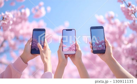 友人たちとスマートフォンで桜の写真を撮る人々。お花見、観光、SNS、デジタルライフのコンセプト。 130911135