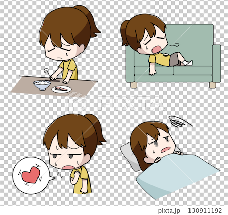 うつ病の身体的症状のイラスト4種類セット・女子 130911192