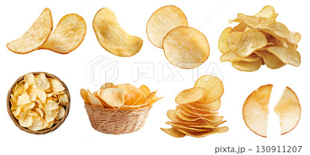 Potato chip chips, many angles and view side top front heap broken pile basket stack on transparent background cutout, PNG file. Mockup template for artwork 130911207