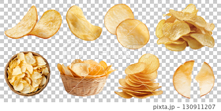 Potato chip chips, many angles and view side top front heap broken pile basket stack on transparent background cutout, PNG file. Mockup template for artwork 130911207