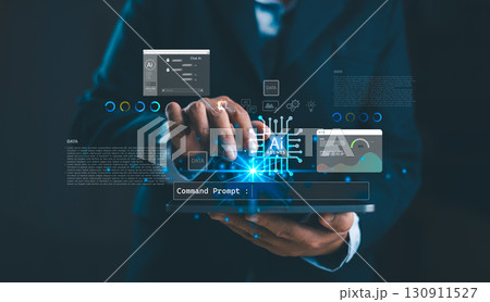 Businessman using AI agents with futuristic interface on tablet. Concept of artificial intelligence, data analytics, automation and digital transformation for business innovation. AI agents Businessman using AI agents with futuristic interface on tablet. Concept of artificial intelligence, data analytics, automation and digital transformation for business innovation. AI agents 130911527