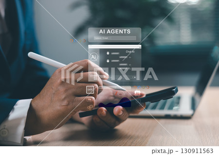 Businessman using smartphone with AI agents holographic interface. Artificial intelligence for chat, data analytics, automation and digital transformation in modern business solutions. Businessman using smartphone with AI agents holographic interface. Artificial intelligence for chat, data analytics, automation and digital transformation in modern business solutions. 130911563