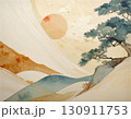 「水彩風の松と抽象的な金色の波紋と山の夜明けイラスト」 130911753