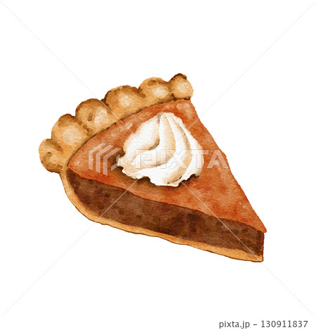 Watercolor hand drawn illustration of orange pumpkin squash pie with cream topping. Traditional dish dessert food for thanksgiving halloween christmas. Baking bakery recipe for dinner cafe party. 130911837