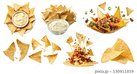 Tortilla corn nacho Chips, many angles and view side top front heap broken pile bowl salsa guacamole beef cheese dip on transparent background cutout, PNG file. Mockup template 130911859