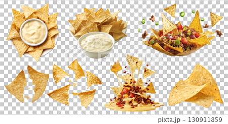 Tortilla corn nacho Chips, many angles and view side top front heap broken pile bowl salsa guacamole beef cheese dip on transparent background cutout, PNG file. Mockup template 130911859