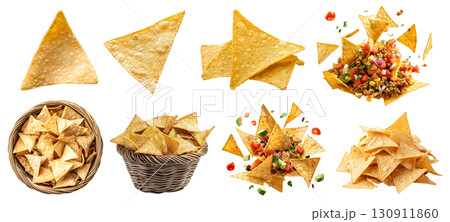 Tortilla corn nacho Chips, many angles and view side top front heap pile basket salsa guacamole beef cheese dip on transparent background cutout, PNG file. Mockup template 130911860