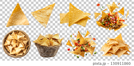 Tortilla corn nacho Chips, many angles and view side top front heap pile basket salsa guacamole beef cheese dip on transparent background cutout, PNG file. Mockup template 130911860