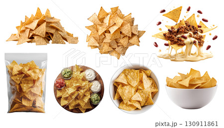 Tortilla corn nacho Chips, many angles and view side top front heap packet pile bowl salsa guacamole beef cheese dip on transparent background cutout, PNG. Mockup template 130911861