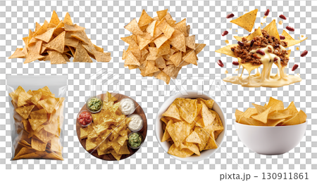 Tortilla corn nacho Chips, many angles and view side top front heap packet pile bowl salsa guacamole beef cheese dip on transparent background cutout, PNG. Mockup template 130911861