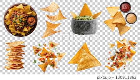 Tortilla corn nacho Chips, many angles and view side top front heap packet pile bowl salsa guacamole beef cheese dip on transparent background cutout, PNG file. Mockup template 130911862