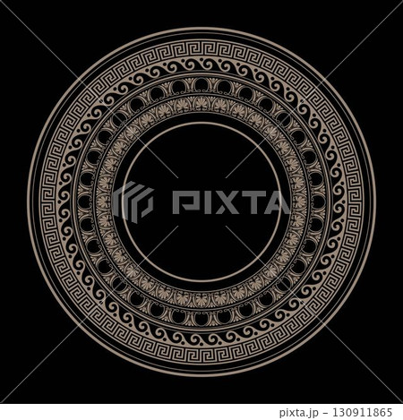 Golden Round ornament meander frame. Greek key. Circle of Ancient Greece, Roman Empire. Typical egyptian, assyrian and greek motives circle border. Decoration of European palaces, porcelain, dishes 130911865