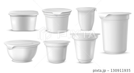 3d set of colorless mockups of plastic yogurt cups of different shapes with closed foil lids. 130911935