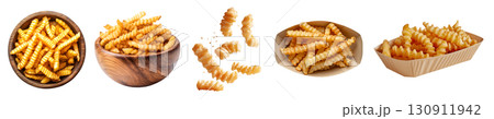 Crinkle cut wavy potato french fries fry, many angles and view side top front pile, paper boat plate, brown bowl, flying on transparent cutout, PNG file. Mockup template  130911942